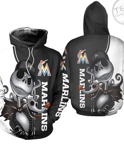 Miami Marlins All Over Print 3D Hoodie with Jack Skellington and Zero