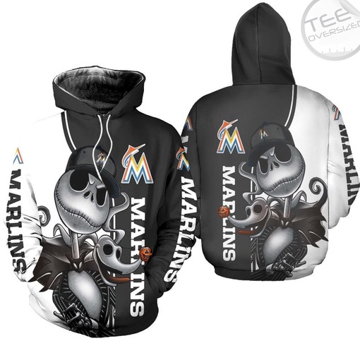 Miami Marlins All Over Print 3D Hoodie with Jack Skellington and Zero