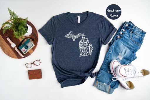 Michigan State Map Shirt, Michigan Travel Gifts, Michigan Clothing, and Vintage Wolverines Apparel for Fans