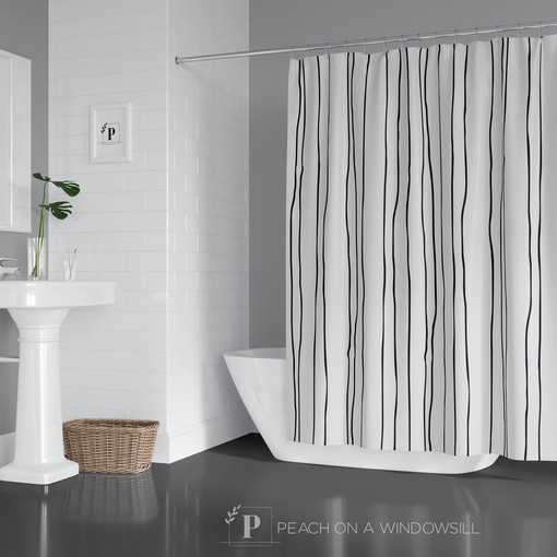 Mid Century Abstract Stripes Shower Curtain Black and White Bath Curtain with Bold Design