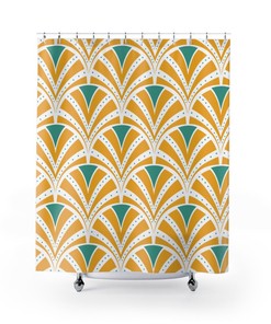 Mid Century Art Deco Shower Curtain | Teal and Yellow | MCM Home Decor + Quotes