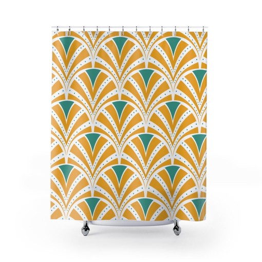 Mid Century Art Deco Shower Curtain | Teal and Yellow | MCM Home Decor + Quotes