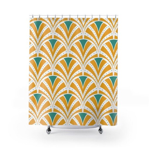 Mid Century Art Deco Shower Curtain | Teal and Yellow | MCM Home Decor + Quotes - Image 3