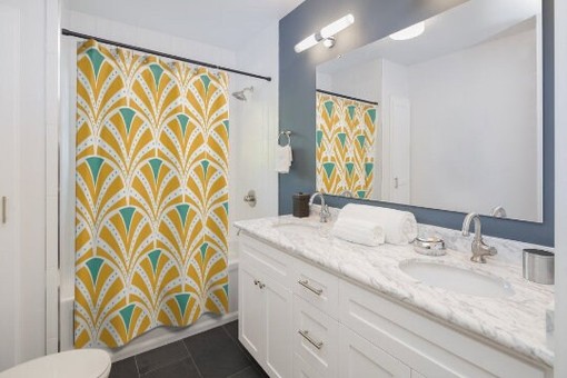 Mid Century Art Deco Shower Curtain | Teal and Yellow | MCM Home Decor + Quotes - Image 4