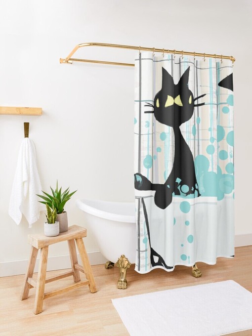 Mid Century Atomic Cat Retro Shower Curtain with Kitschy Watercolor Cartoon Effect