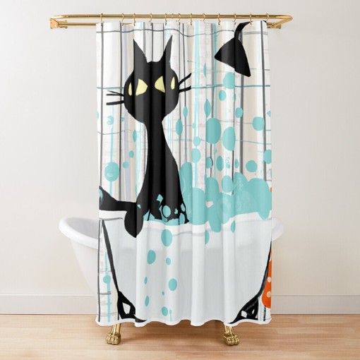 Mid Century Atomic Cat Retro Shower Curtain with Kitschy Watercolor Cartoon Effect - Image 2