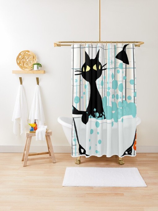 Mid Century Atomic Cat Retro Shower Curtain with Kitschy Watercolor Cartoon Effect - Image 3