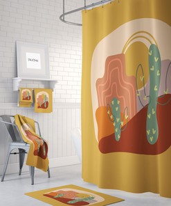 Mid Century Desert Shower Curtain with Vintage-Inspired Bath Set for Retro Bathroom Decor