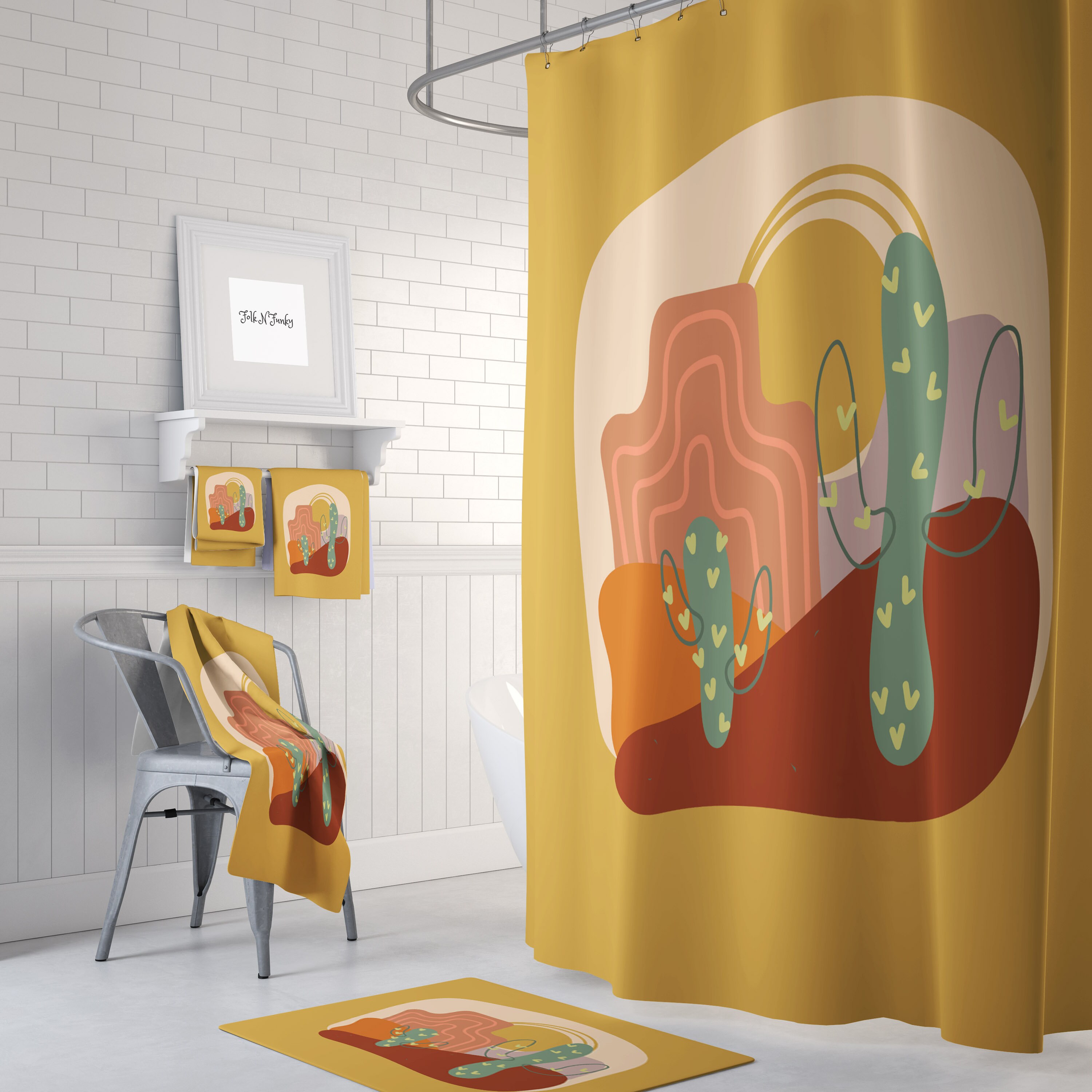 Mid Century Desert Shower Curtain with Vintage-Inspired Bath Set for Retro Bathroom Decor