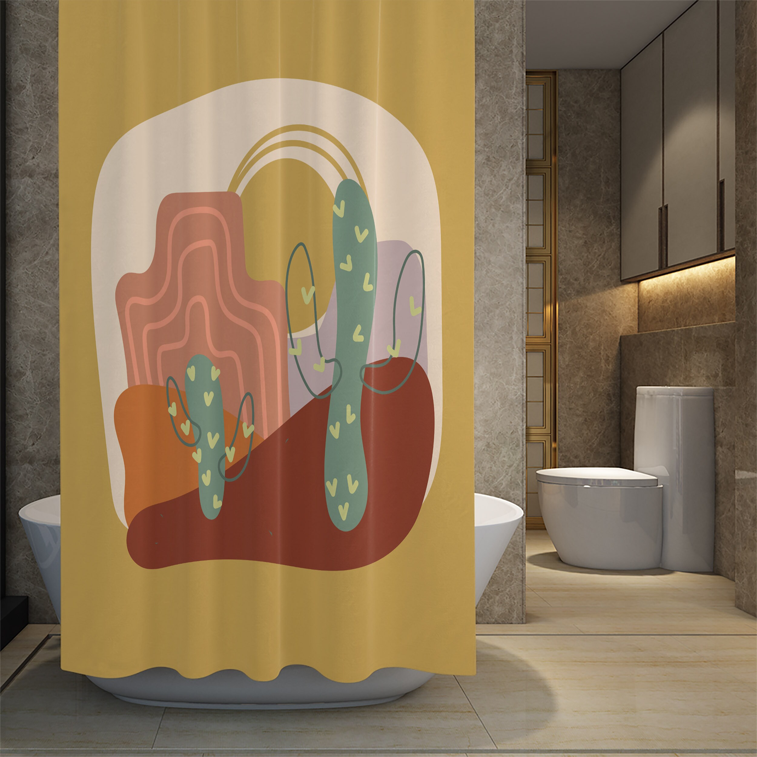 Mid Century Desert Shower Curtain with Vintage-Inspired Bath Set for Retro Bathroom Decor - Image 2