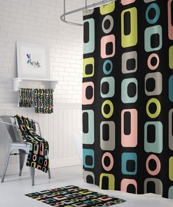 Mid Century Geometric Black Shower Curtain Set, Vintage Bathroom Decor, Waterproof Fabric Set
