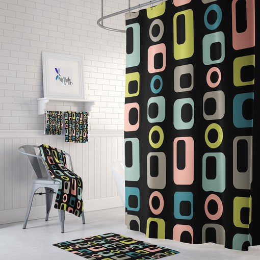 Mid Century Geometric Black Shower Curtain Set, Vintage Bathroom Decor, Waterproof Fabric Set