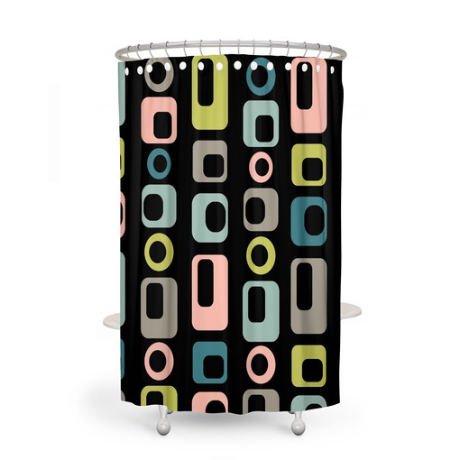 Mid Century Geometric Black Shower Curtain Set, Vintage Bathroom Decor, Waterproof Fabric Set - Image 2