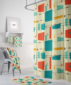 Mid Century Geometric Shower Curtain Set, Vintage Bathroom Decor, Waterproof Fabric Set