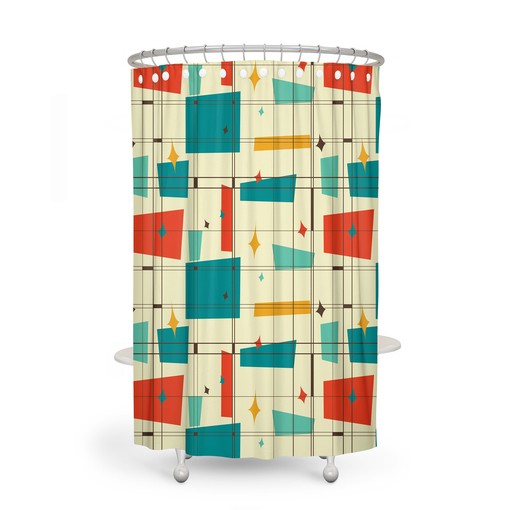 Mid Century Geometric Shower Curtain Set, Vintage Bathroom Decor, Waterproof Fabric Set - Image 2