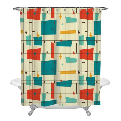 Mid Century Geometric Shower Curtain Set, Vintage Bathroom Decor, Waterproof Fabric Set - Image 3