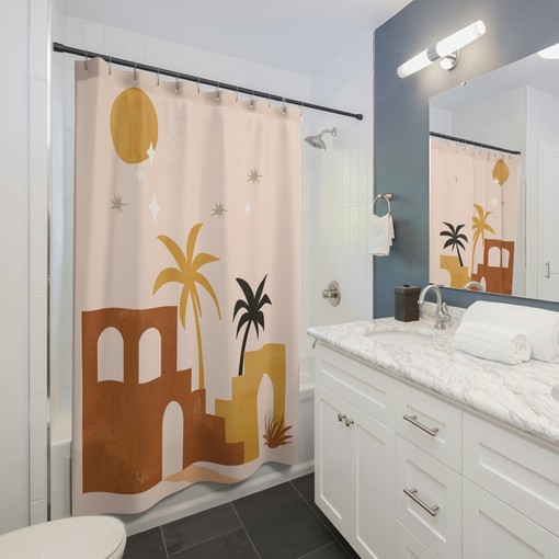 Mid Century Modern Abstract Desert Ruins Palm Shower Curtain