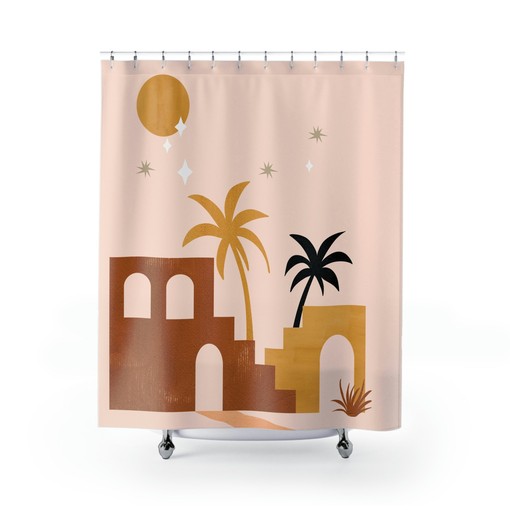 Mid Century Modern Abstract Desert Ruins Palm Shower Curtain - Image 2