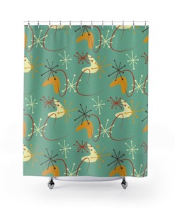 Mid Century Modern Atomic Boomerang Blue Grass Retro Shower Curtain