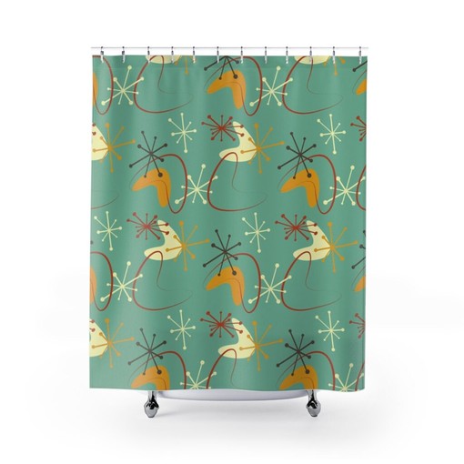 Mid Century Modern Atomic Boomerang Blue Grass Retro Shower Curtain