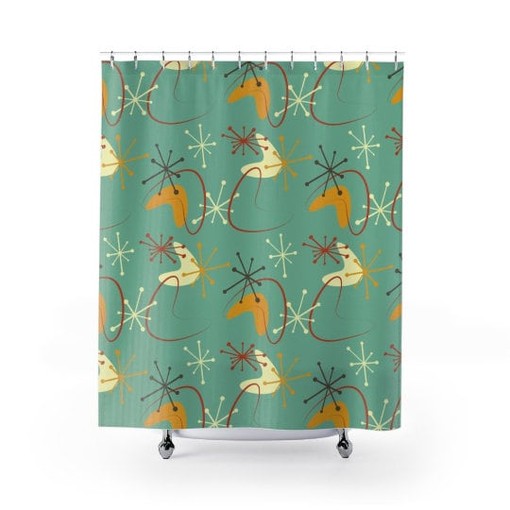 Mid Century Modern Atomic Boomerang Blue Grass Retro Shower Curtain - Image 3