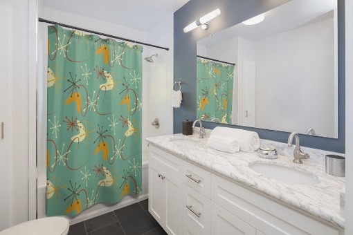 Mid Century Modern Atomic Boomerang Blue Grass Retro Shower Curtain - Image 4