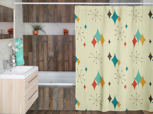 Mid Century Modern Atomic Diamonds Retrowave Bathroom Accessory Shower Curtain for MCM Fans