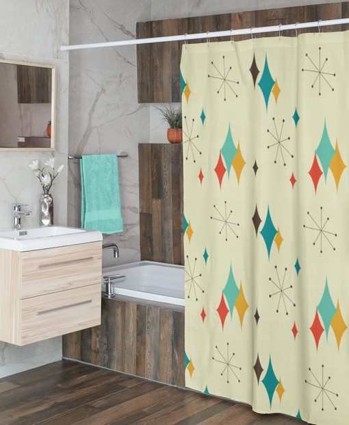 Mid Century Modern Atomic Diamonds Retrowave Bathroom Accessory Shower Curtain for MCM Fans - Image 2