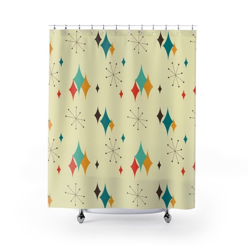 Mid Century Modern Atomic Diamonds Retrowave Bathroom Accessory Shower Curtain for MCM Fans - Image 3