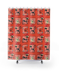 Mid Century Modern Atomic Kitty Christmas Shower Curtain, Festive Bathroom Decor, Vintage Tub Accessory