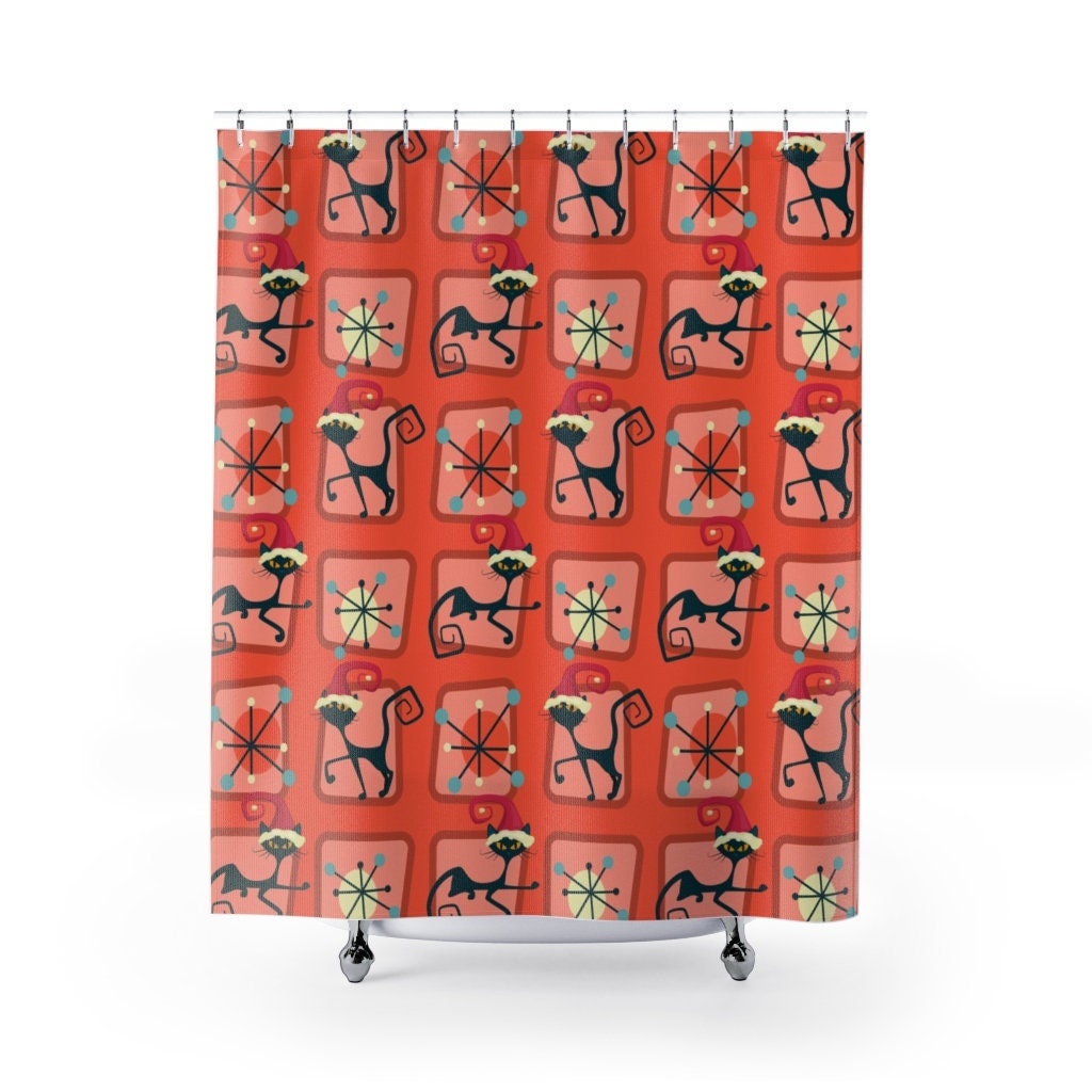 Mid Century Modern Atomic Kitty Christmas Shower Curtain, Festive Bathroom Decor, Vintage Tub Accessory