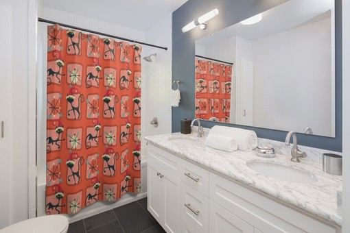 Mid Century Modern Atomic Kitty Christmas Shower Curtain, Festive Bathroom Decor, Vintage Tub Accessory - Image 2