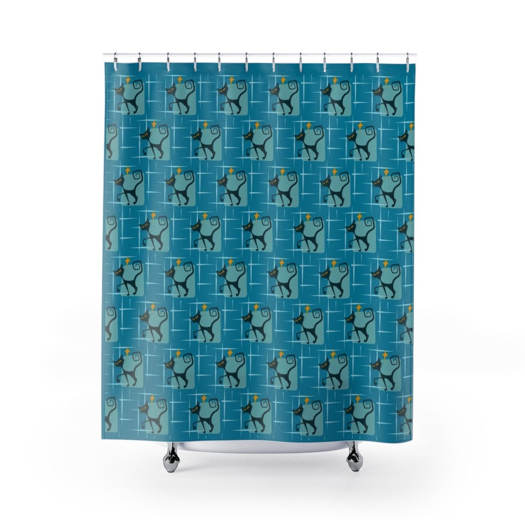 Mid Century Modern Atomic Kitty Shower Curtain, Vintage Bathroom Decor, Unique Tub Accessory