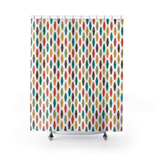 Mid Century Modern Atomic Mustard Yellow/Green/Teal/Brown/White Shower Curtain, Geometric Retro Bath Decor