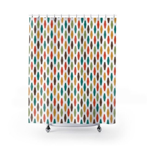 Mid Century Modern Atomic Mustard Yellow/Green/Teal/Brown/White Shower Curtain, Geometric Retro Bath Decor - Image 2