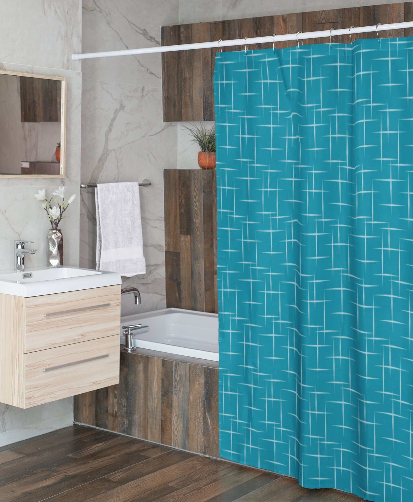 Mid Century Modern Blue Shower Curtain, Vintage Bathroom Decor, Unique Tub Accessory