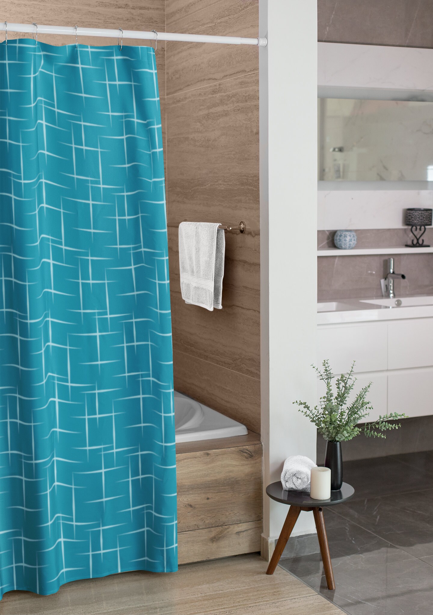 Mid Century Modern Blue Shower Curtain, Vintage Bathroom Decor, Unique Tub Accessory - Image 2