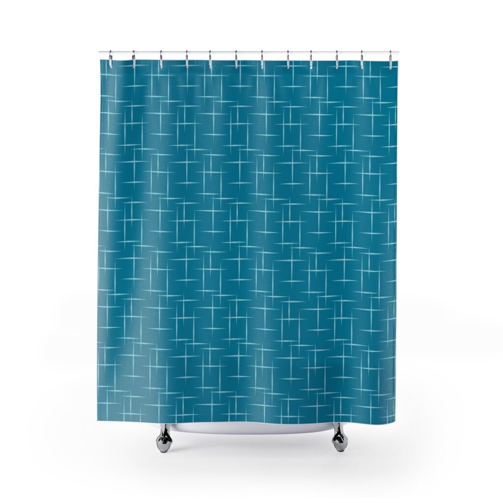 Mid Century Modern Blue Shower Curtain, Vintage Bathroom Decor, Unique Tub Accessory - Image 3