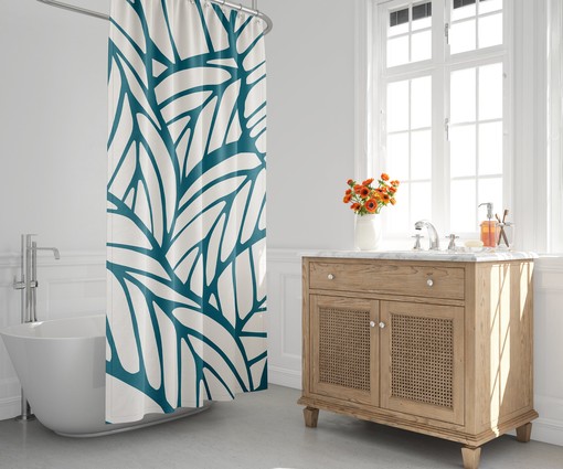 Mid Century Modern Botanical Shower Curtain - Abstract with Foliage and Tropical Design