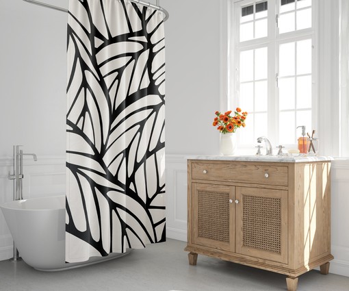 Mid Century Modern Botanical Shower Curtain - Tropical Leaf and Sleek Abstract Design