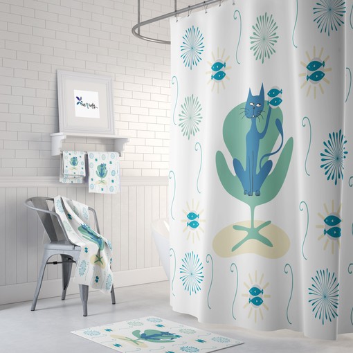Mid Century Modern Cat Print Shower Curtain: Unique Bathroom Decor