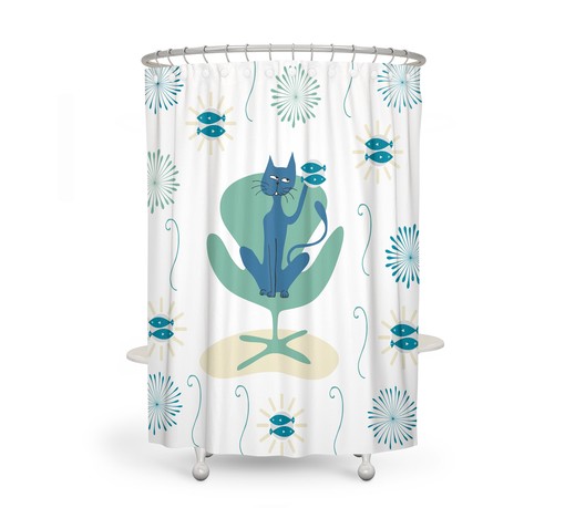 Mid Century Modern Cat Print Shower Curtain: Unique Bathroom Decor - Image 2