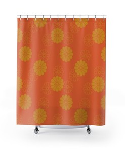 Mid Century Modern Daisy Print Shower Curtain with Orange and Yellow