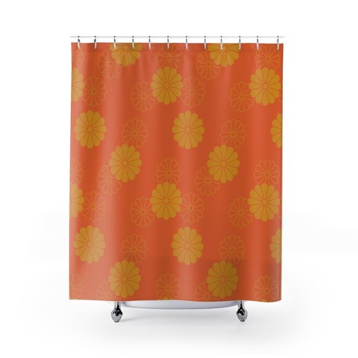 Mid Century Modern Daisy Print Shower Curtain with Orange and Yellow