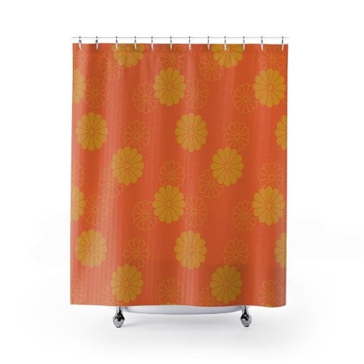 Mid Century Modern Daisy Print Shower Curtain with Orange and Yellow - Image 2