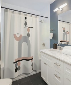 Mid Century Modern Floral Bathroom Decor with Grey Peach Boho Shower Curtain