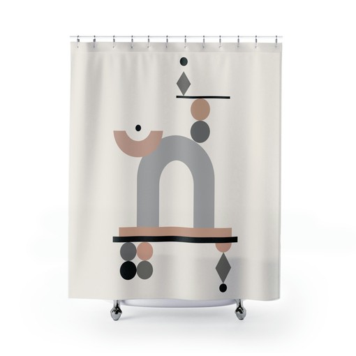 Mid Century Modern Floral Bathroom Decor with Grey Peach Boho Shower Curtain - Image 2