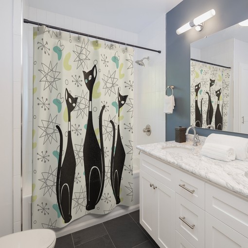 Mid Century Modern Franciscan Starburst Atomic Boomerang Shower Curtain - Image 2