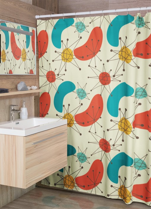 Mid Century Modern Geometric Shower Curtain, Retro Bathroom Accessory