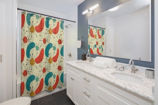 Mid Century Modern Geometric Shower Curtain, Retro Bathroom Accessory - Image 3